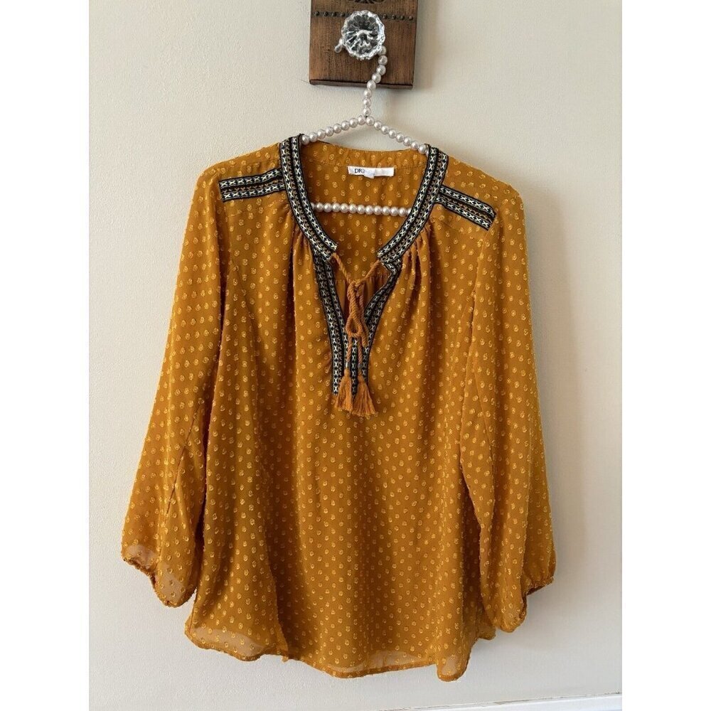 DR2 Womens Size M Dark Yellow Gold Blouse Dotted Swiss Boho Embroidered